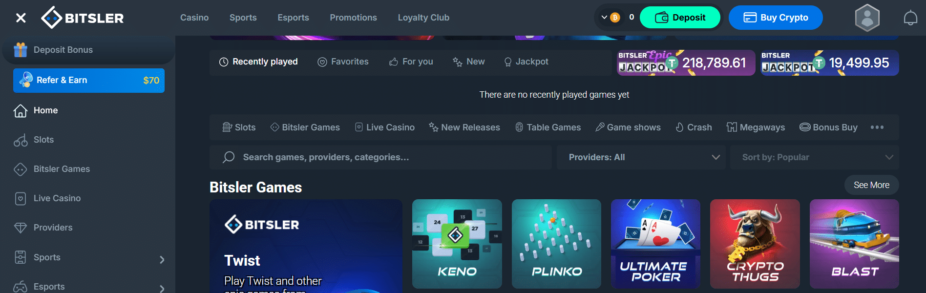 A screenshot of some of the UI options inside the Bitsler game lobby