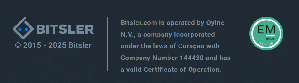 The footer of Bitsler casino showing the platform's license info