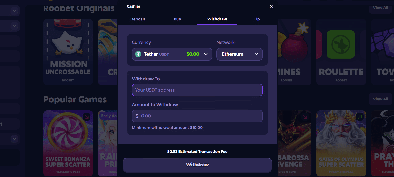 The withdrawal tab in the Roobet payment window