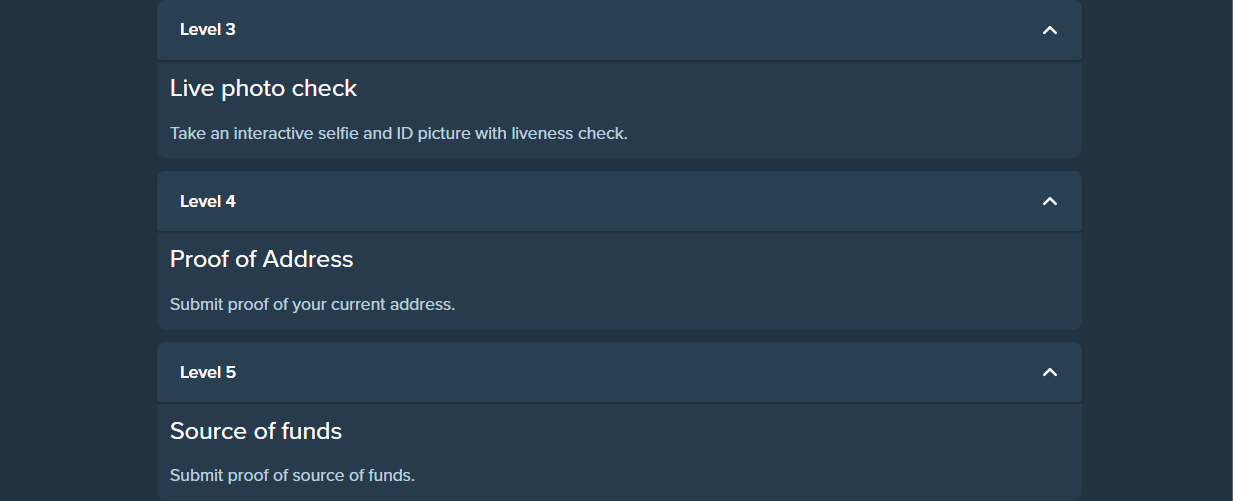 The KYC LEVELS verification window inside the Duelbits account profile