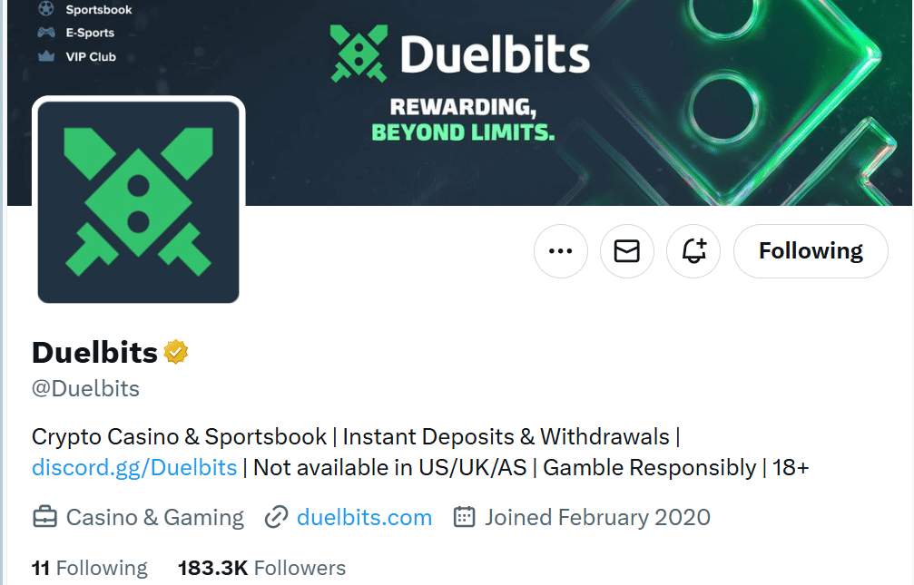 A screenshot of the Duelbits official X page