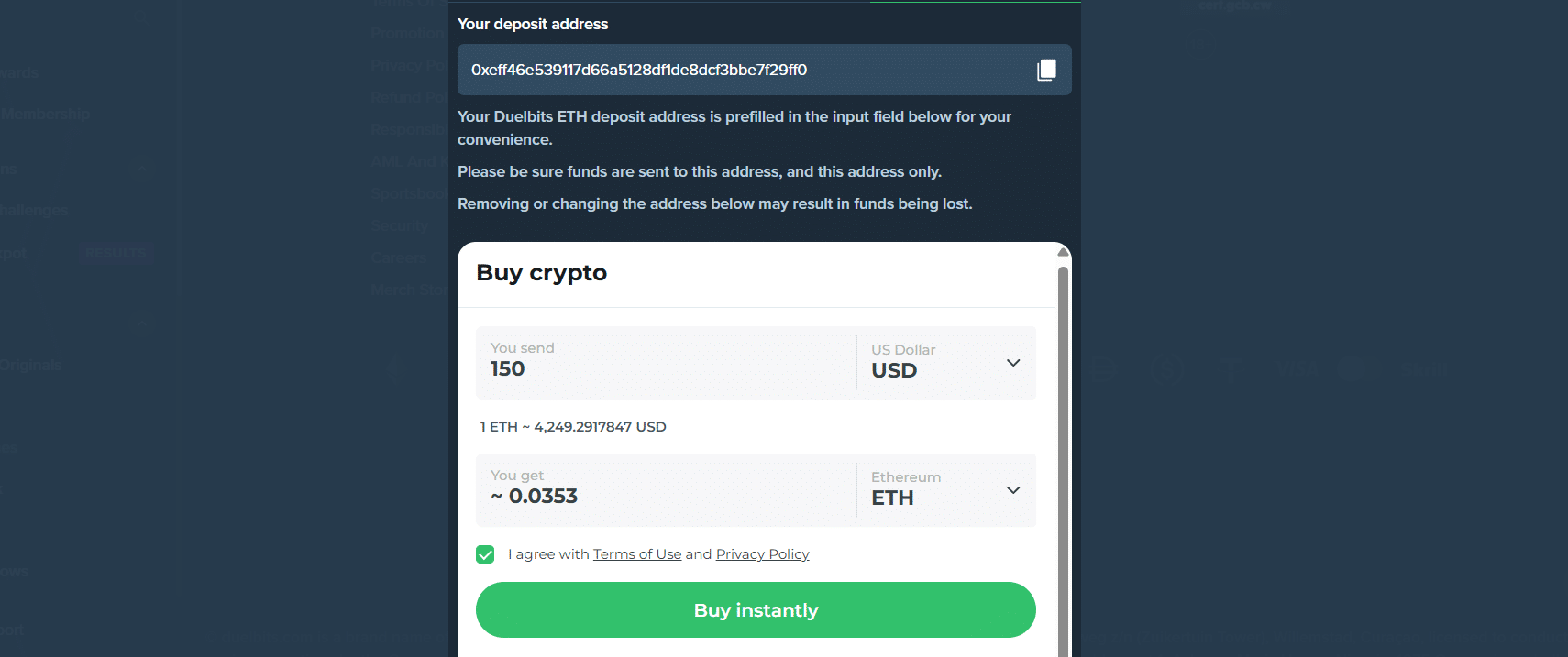 The buy crypto tab in the Duelbits payment window
