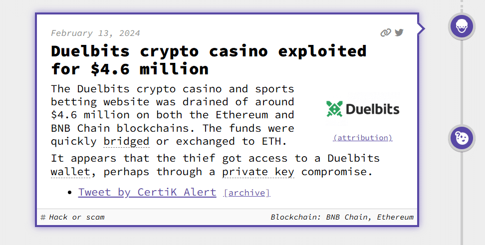 a news headline for the Duelbits hack that happened in 2024