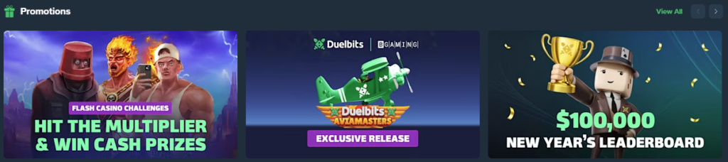 illustrates the main bonuses and challenges present on the duelbits landing page in 2026