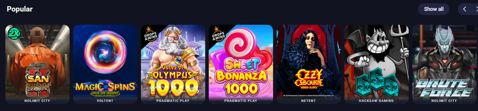 A selection of Metaspins games, slots only