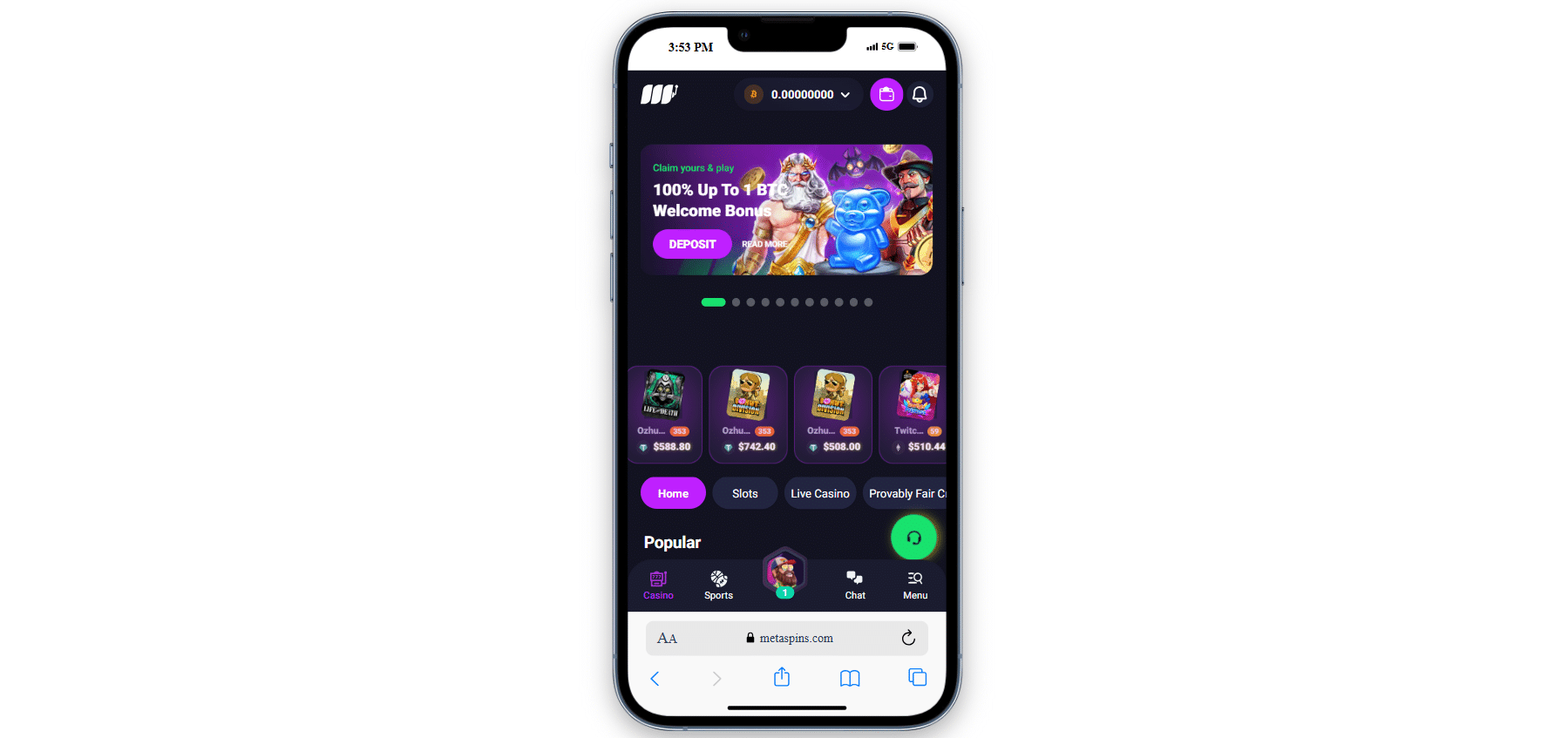 A look at the Metaspins mobile version, which features the homepage