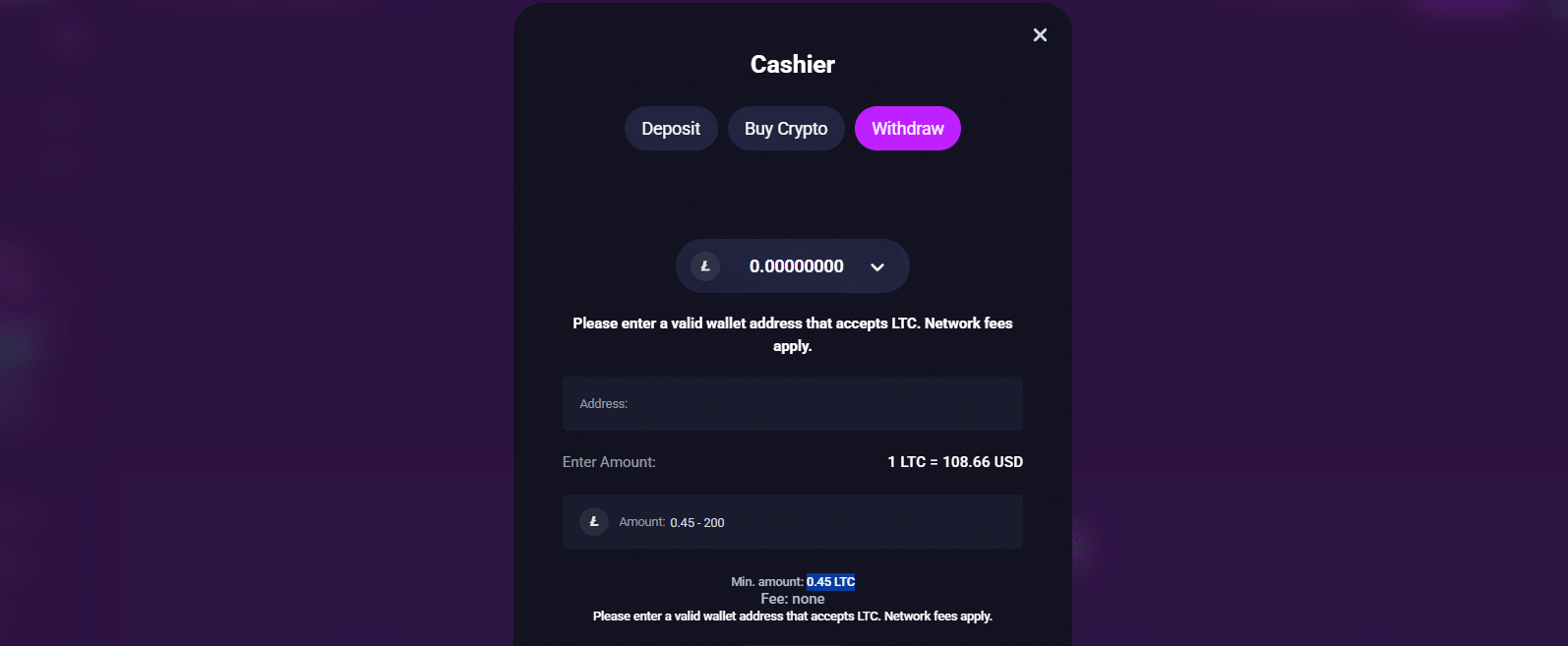 The withdrawal tab in the Metaspins payment window