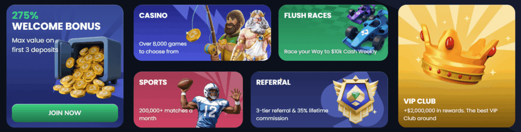 Bonus landing page for flush casino, including a welcome bonus, number of casino games, number of sports matches, referral program mention, the weekly flush races, and VIP club