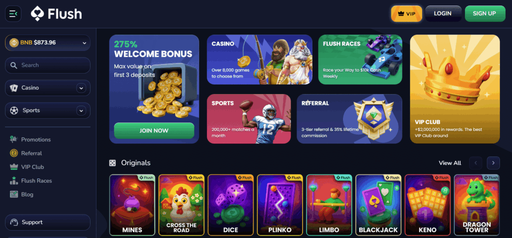 Flush.com landing page, with branding, filtering system, bonus advertisements, and the first set of originals games