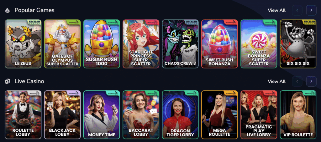 A newer version of the website, with a better landing page displayed in the image, containing popular casino games and live casino games