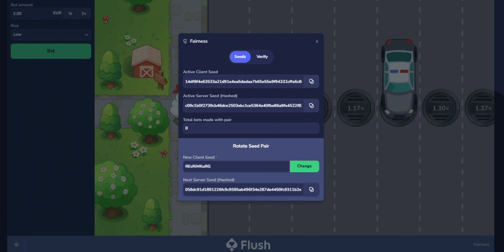 Features the Crossy Road copy by Flush.com, with overlayed the provably Fair Verification page that the review explains how to use