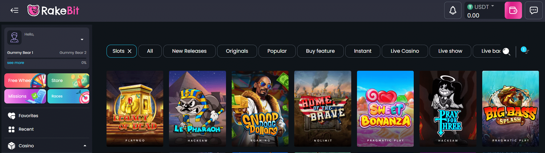 An example of the options present on the RakeBit games page