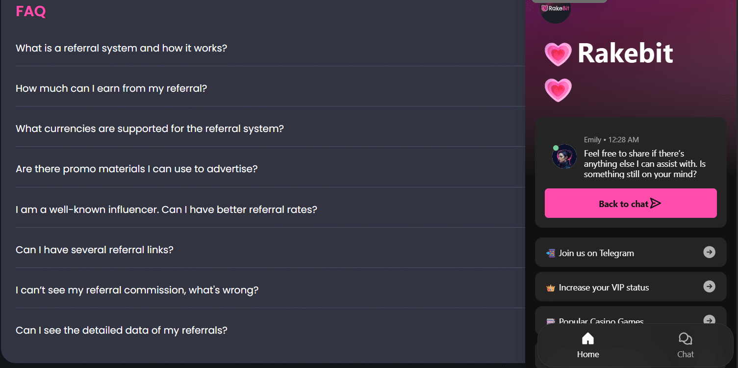 The RakeBit live chat and an RakeBit FAQ section
