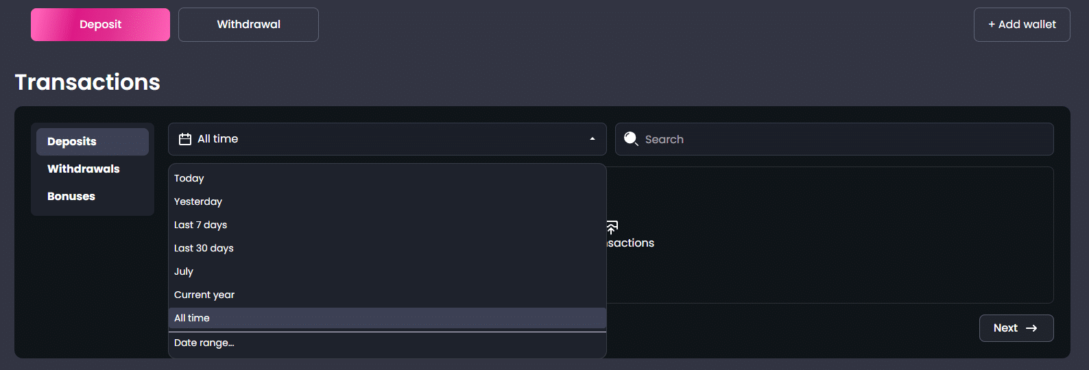 The payment history tab at RakeBit casino