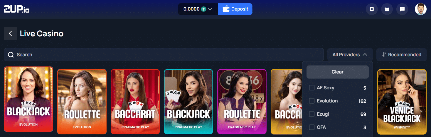 An example of the 2UP casino user interface