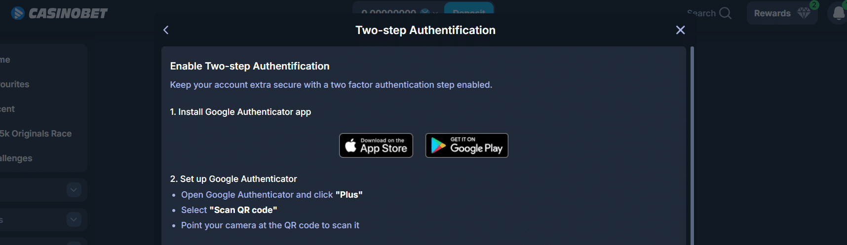 The 2fa security panel at CasinoBet