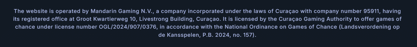 The footer at CasinoBet's homepage outlining the sites license number and regulator