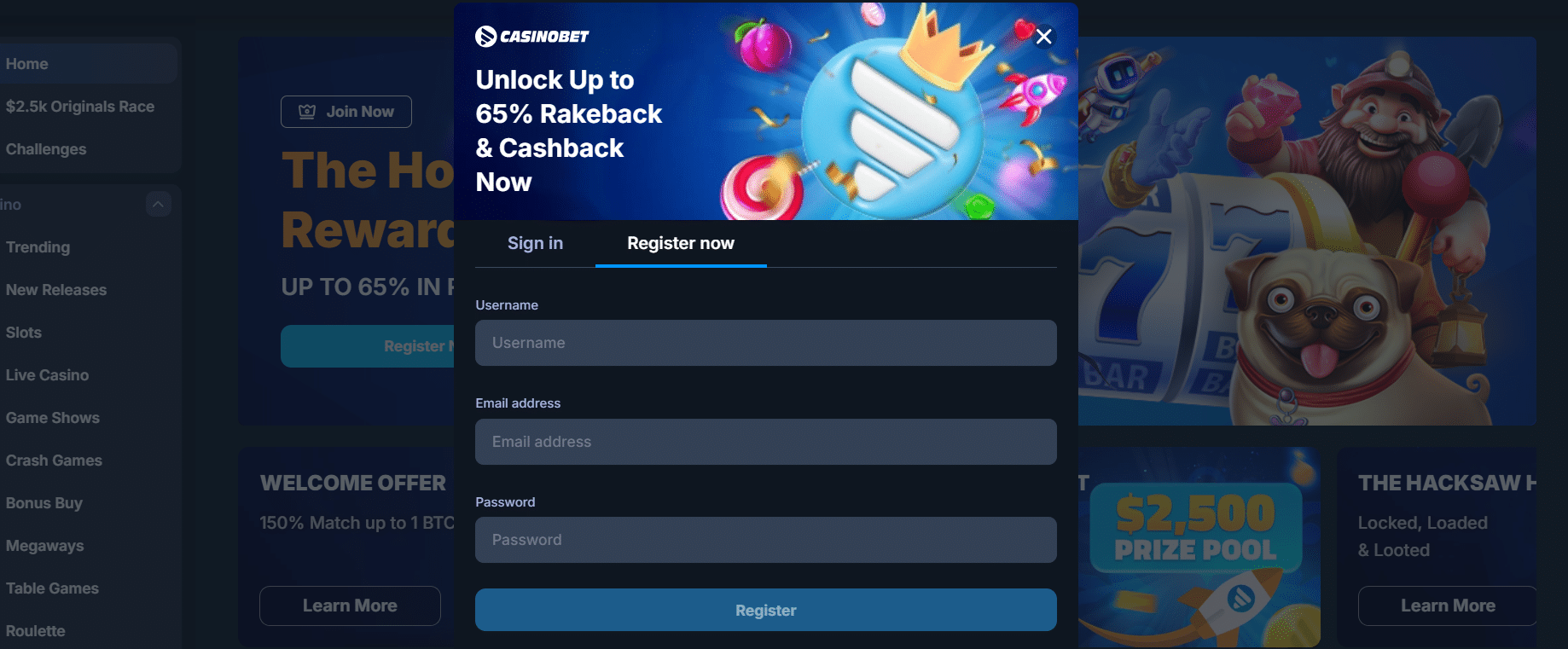 the CasinoBet registration form with all the sign-up info necessary