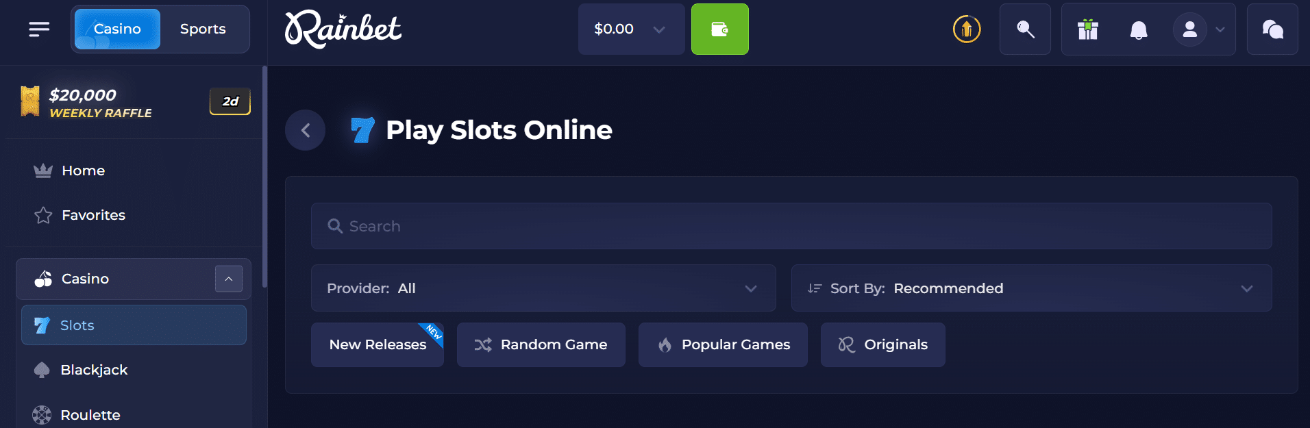 Un ejemplo rápido de parte de la interfaz de usuario del sitio web de Rainbet, las opciones de clasificación y búsqueda de juegos.