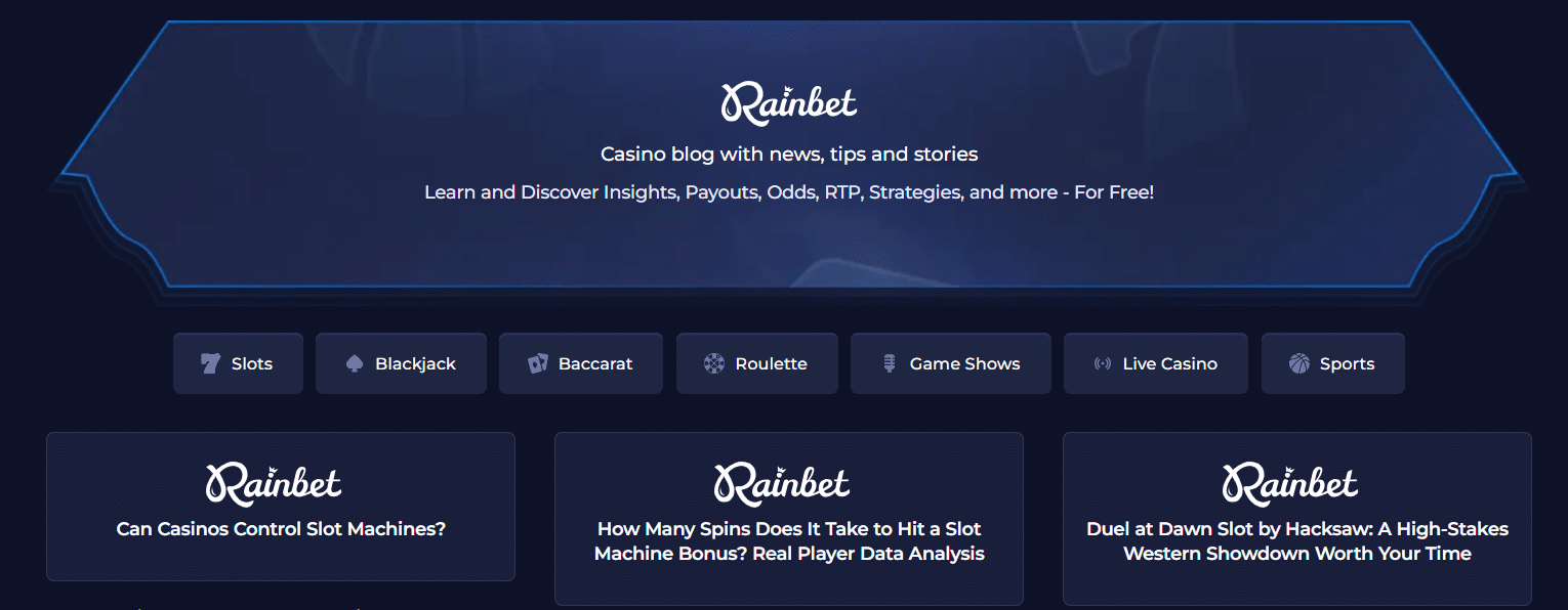 Una imagen de la sección del blog de Rainbet con artículos sobre juegos