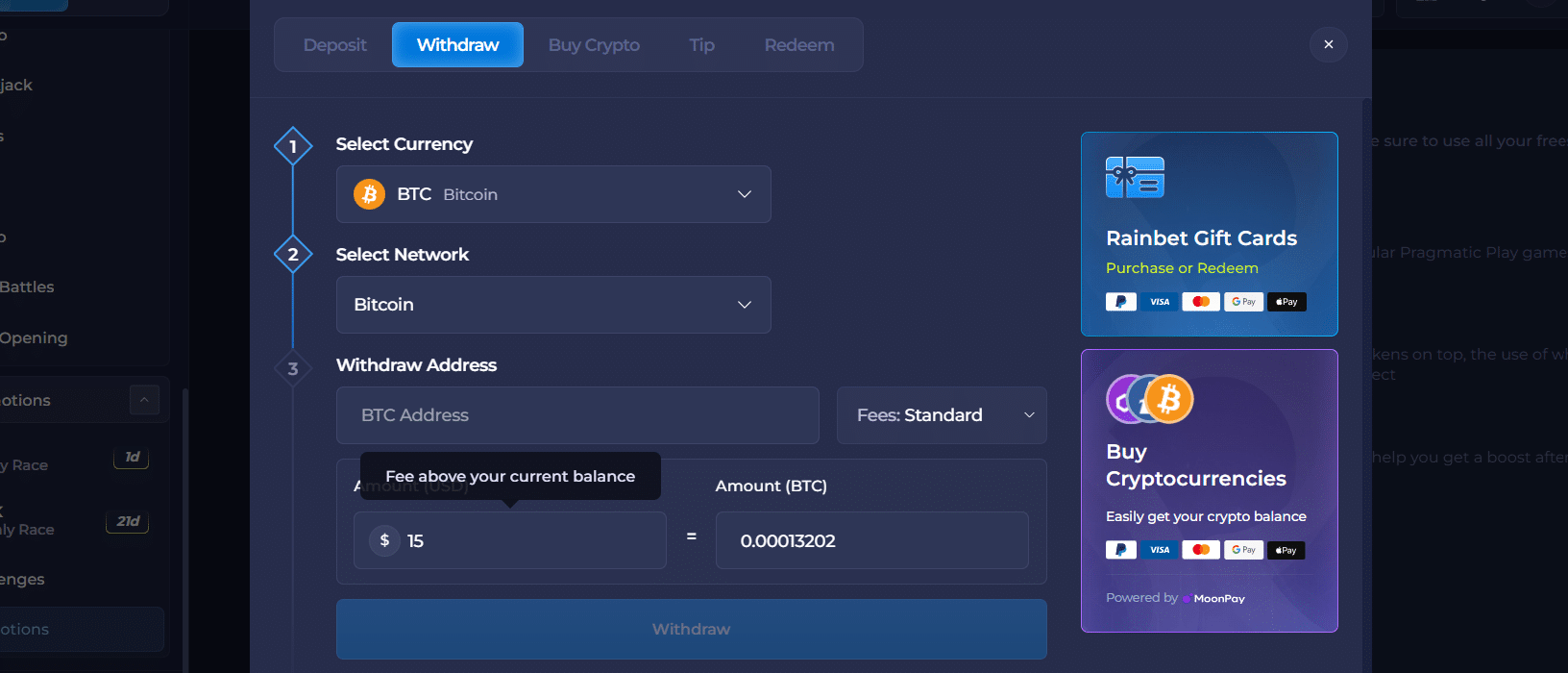 Una imagen de la ventana de pago de Rainbet, la pestaña de retirada.