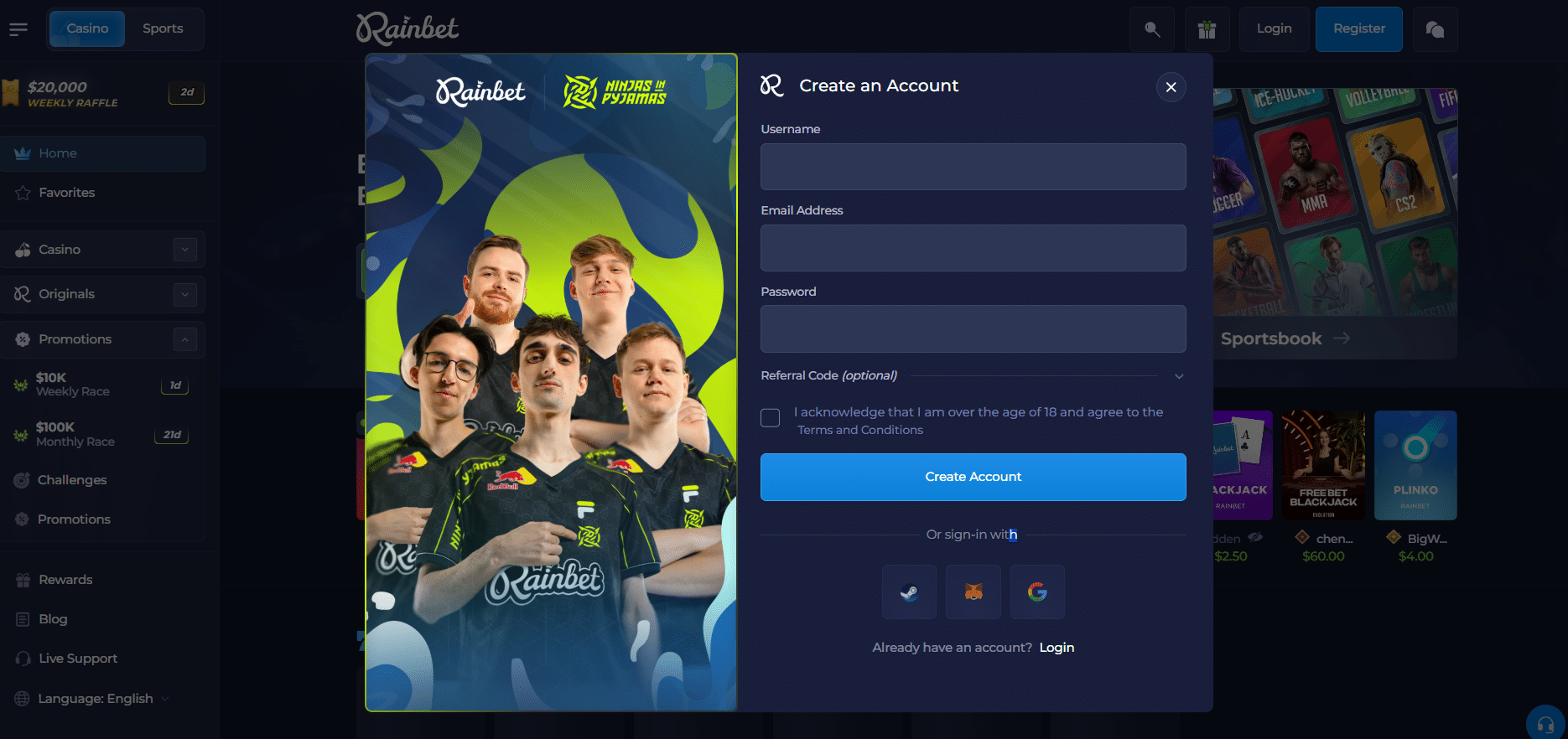 Formulario de registro de Rainbet para crear una cuenta