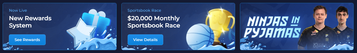 Un banner promocional que anuncia algunas de las principales atracciones del sitio web de Rainbet.