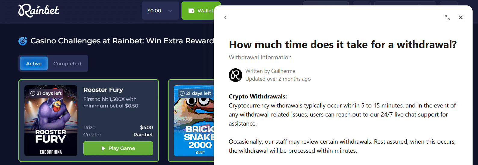 Un ejemplo de artículo del centro de ayuda de Rainbet.