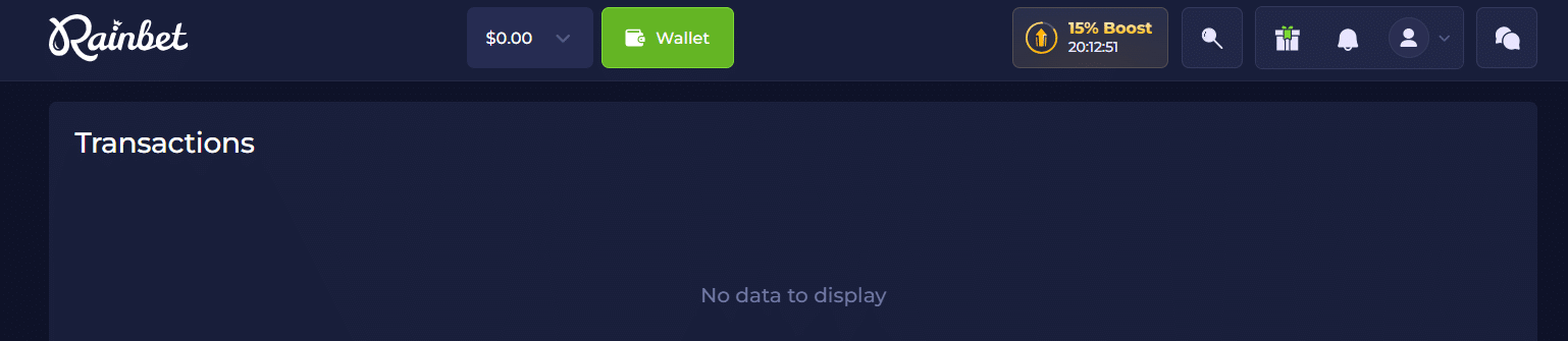 Pestaña de transacciones del sitio web de Rainbets