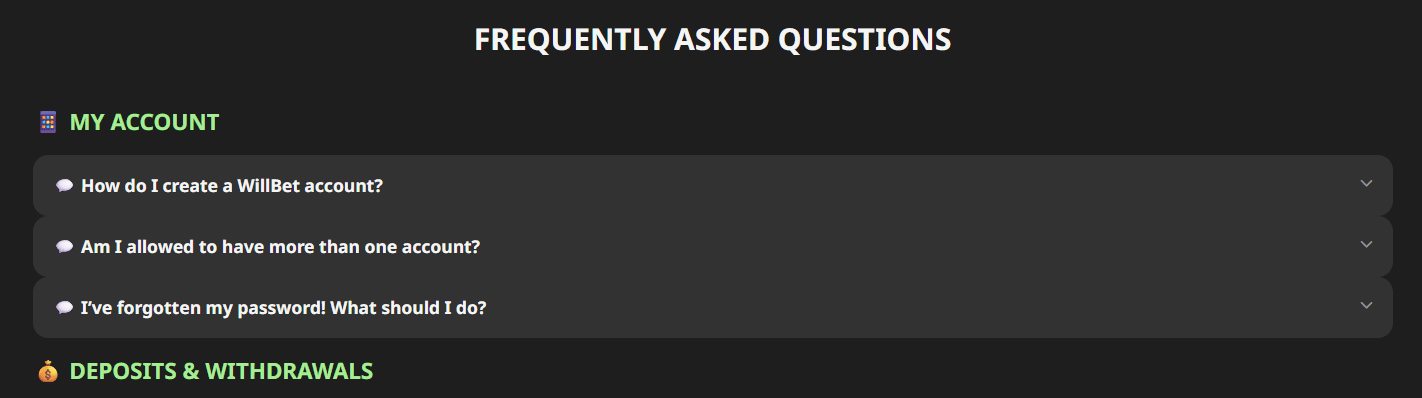 The FAQ page at WillBet crypto caisno