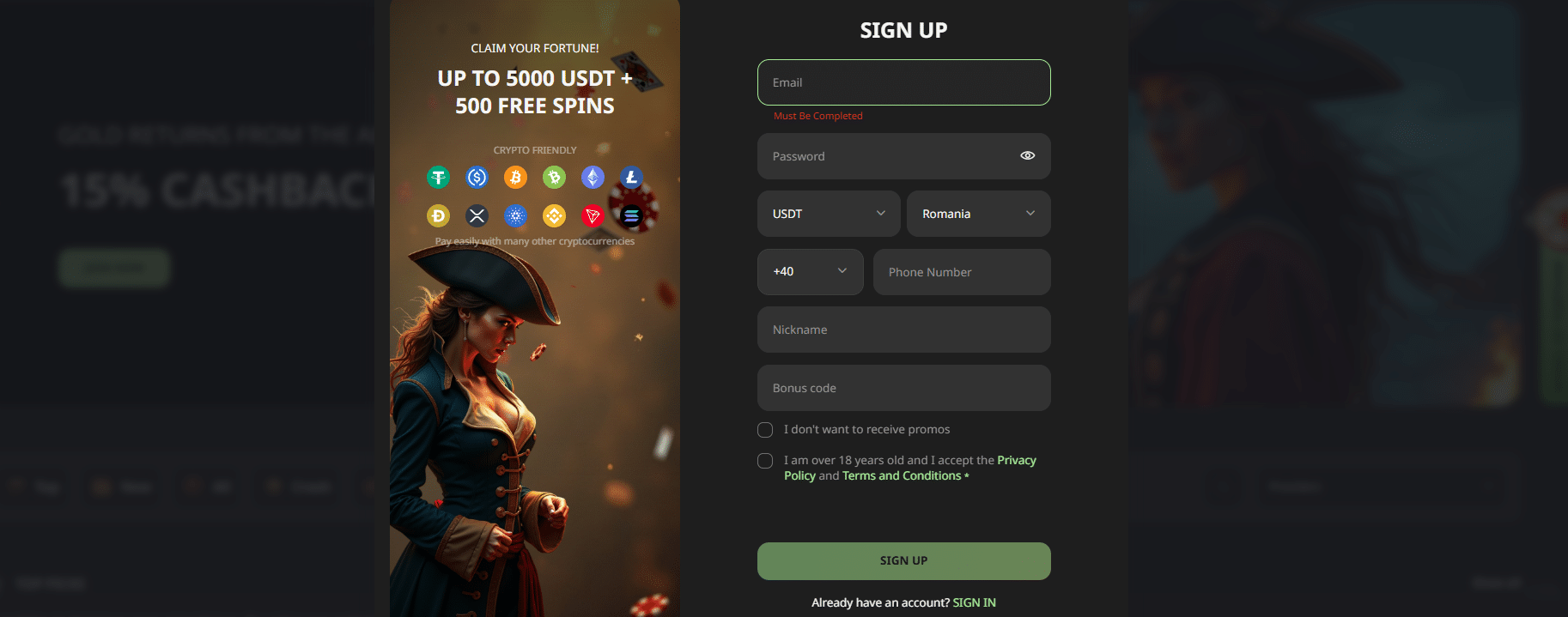 The sign up form at the WillBet website