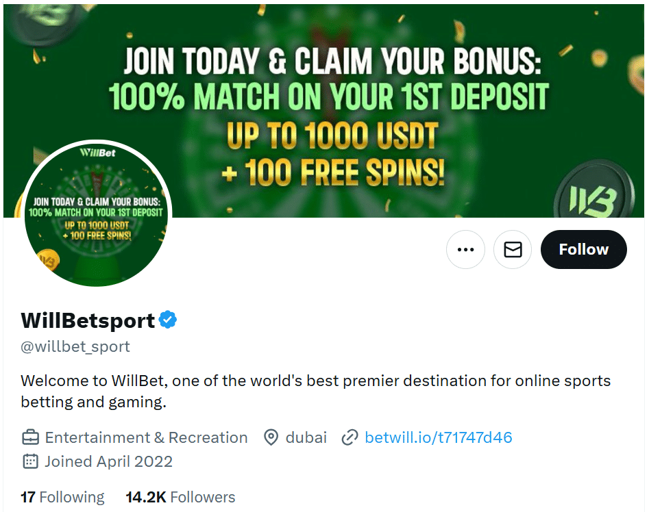 A screenshot of the official WillBetsports X page