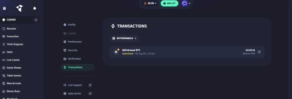 Thrill Casino player's cashout request