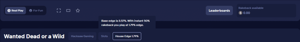 Duel game window showing provider, genre and RTP/house edge below the game.