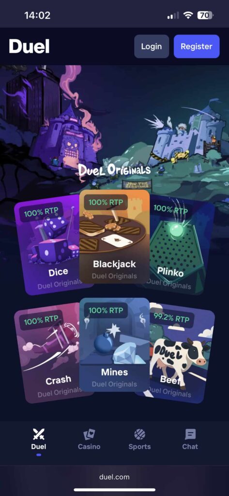 Duel mobile site—bottom nav (Duel, Casino, Sports, Chat) with clean, banner-free lobby.
