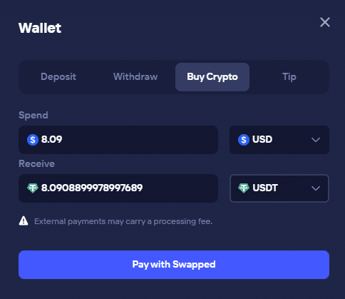 Duel cashier Buy Crypto via Swapped; network-only fees; instant withdrawal note.